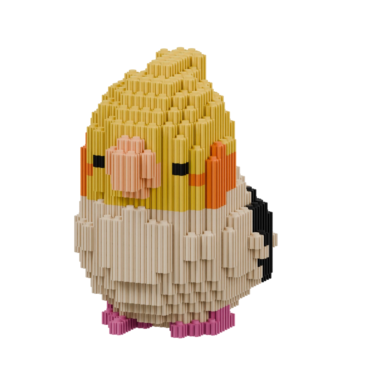 Our cockatiel: a yellow crest, orange cheeks, patterned wings and pink feet