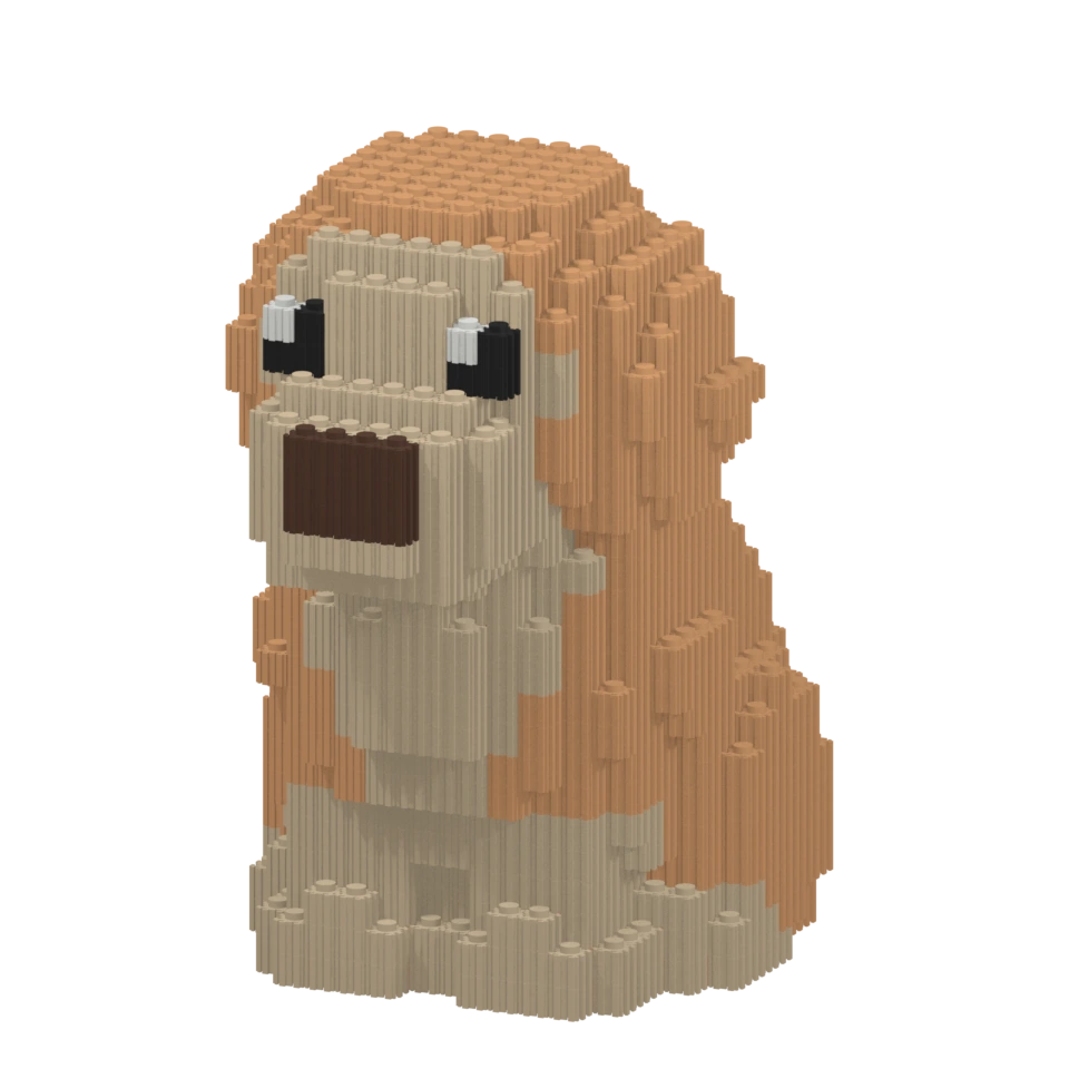Leo, a golden retriever with a cream face, chest and paws, floppy ears and a warm golden coat, assembled from 1,307 pieces.